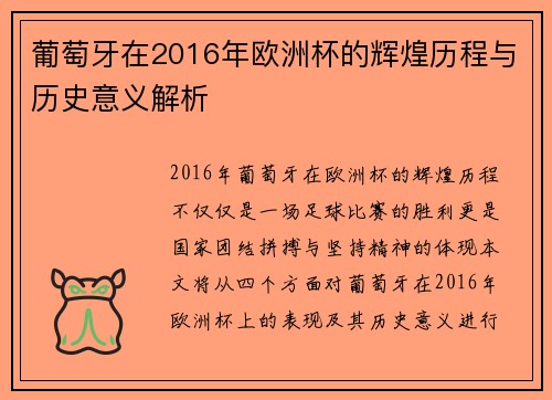 葡萄牙在2016年欧洲杯的辉煌历程与历史意义解析